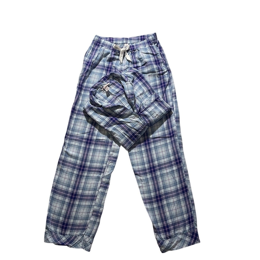 Pajama Set Blue Purple Plaid Long Sleeve Button Down Pants XS Victorias Secret